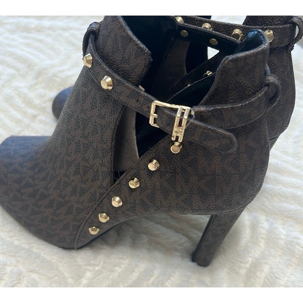 Michael Kors Logo Lawson Studded Heels – Brown Peep Toe Booties – Size 9M - Picture 5 of 12